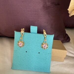 14K Gold Vintage Drop Earrings with pink Stone